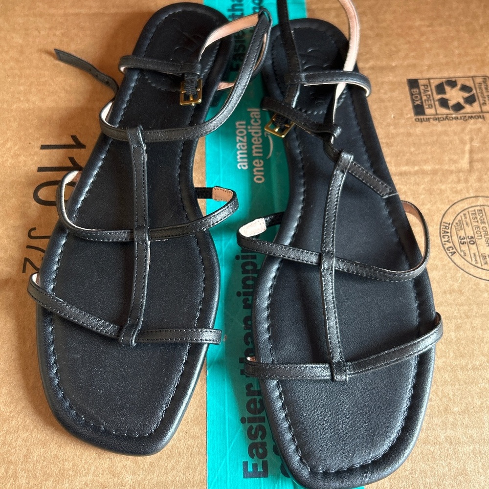 J. Crew Black Abbie Leather Double T Strap Sandals Size 8.5 Women Shoes